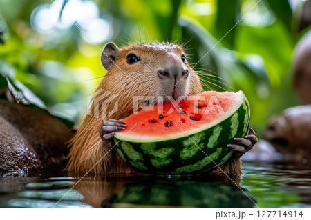A capybara eating a watermelon in the water 127714914