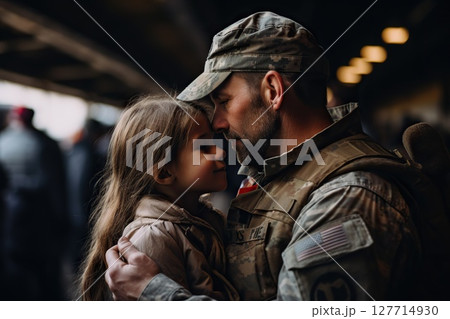 Heartfelt Farewell Soldier Bids Emotional Goodbye to Daughter at the Station, Capturing the Poignant Mobilization Moment in a Patriotic Background. created with Generative AI 127714930