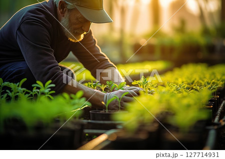 Blossoming Harvest Farmer Tenderly Caring for Young Plant Seedlings in a Spring Garden, Cultivating the Organic Symphony of Sustainable Agriculture. created with Generative AI 127714931