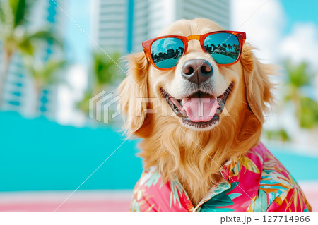 A dog wearing sunglasses standing in front of a swimming pool 127714966
