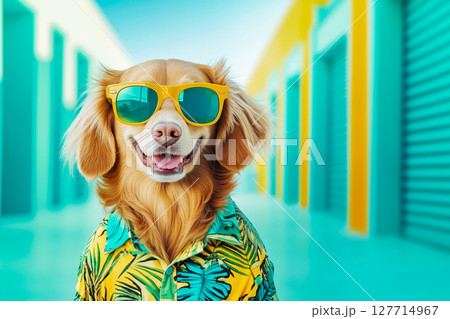 A dog wearing a shirt and sunglasses in a hallway 127714967