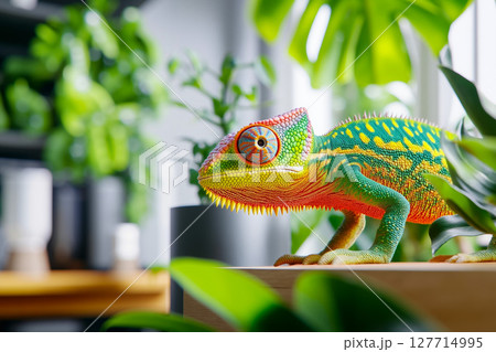 A colorful chameleon sitting on top of a wooden table next to a plant 127714995