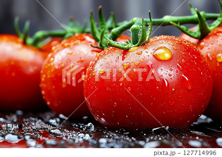 A bunch of tomatoes with water droplets on them 127714996