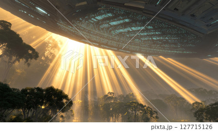 Alien spaceship hovering above misty forest landscape at dawn, conceptual background 127715126