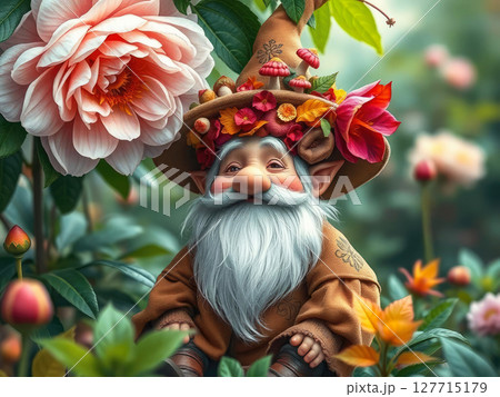 A whimsical and cheerful gnome with a long white beard sits peacefully on a grassy patch, surrounded by vibrant autumn leaves, mushrooms, and colorful flowers. 127715179