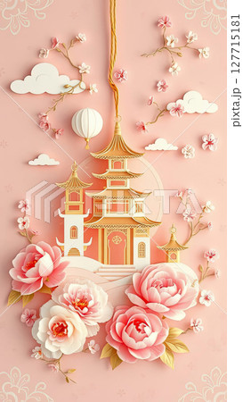 A delicate watercolor illustration featuring a traditional Chinese lantern hanging beside a pagoda, surrounded by blooming cherry blossoms and peonies 127715181
