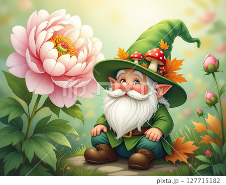A whimsical and cheerful gnome with a long white beard sits peacefully on a grassy patch, surrounded by vibrant autumn leaves, mushrooms, and colorful flowers. 127715182