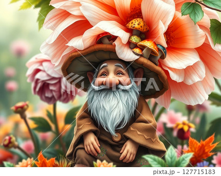 A whimsical and cheerful gnome with a long white beard sits peacefully on a grassy patch, surrounded by vibrant autumn leaves, mushrooms, and colorful flowers. 127715183