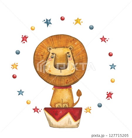 A lion in a collar with bells sits on a circus stand surrounded by colorful stars 127715205