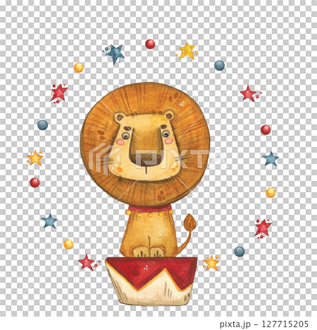 A lion in a collar with bells sits on a circus stand surrounded by colorful stars 127715205