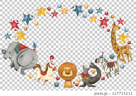Oval frame with circus animals surrounded by stars and balls Oval frame with circus animals surrounded by stars and balls 127715211