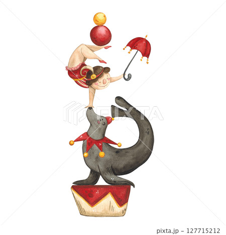 A circus seal stands on a stand with an acrobat on its nose A circus seal stands on a stand with an acrobat on its nose 127715212
