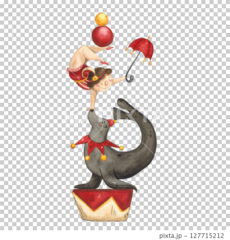 A circus seal stands on a stand with an acrobat on its nose A circus seal stands on a stand with an acrobat on its nose 127715212