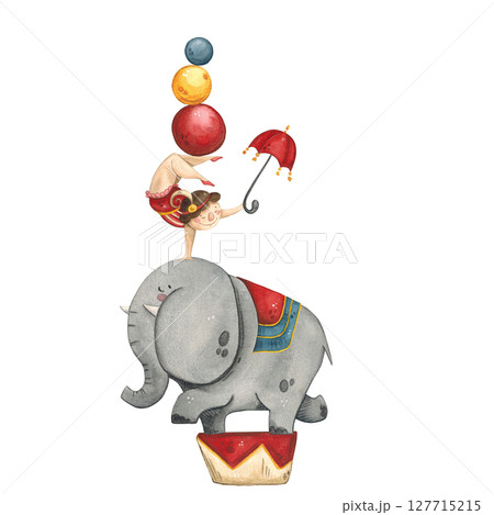 A gymnast with an umbrella in her hand and balls on her feet stands on the back of a circus elephant 127715215