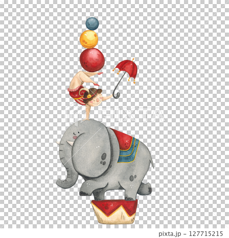 A gymnast with an umbrella in her hand and balls on her feet stands on the back of a circus elephant A gymnast with an umbrella in her hand and balls on her feet stands on the back of a circus elephant 127715215