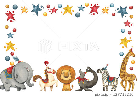 Rectangular frame with circus animals surrounded by stars and balls Rectangular frame with circus animals surrounded by stars and balls 127715216