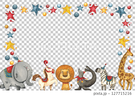 Rectangular frame with circus animals surrounded by stars and balls 127715216