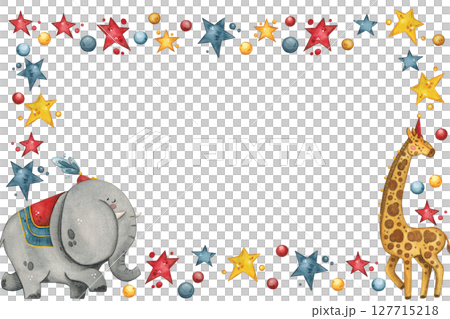 Rectangular frame with a circus giraffe and an elephant surrounded by stars and balls 127715218