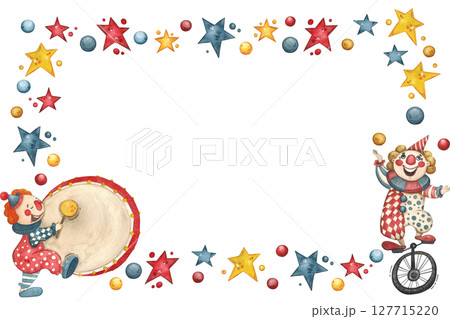 Rectangular frame with circus clowns surrounded by stars and balls 127715220