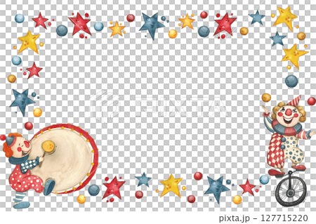 Rectangular frame with circus clowns surrounded by stars and balls 127715220