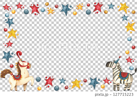 Rectangular frame with circus horse and zebra surrounded by stars and balls 127715223