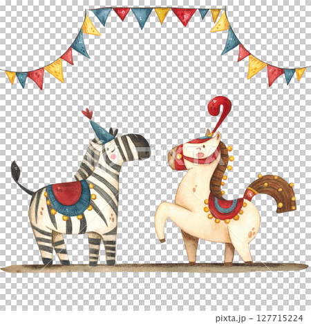 A zebra and a horse in folk costumes under garlands of flags 127715224