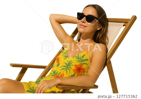 Png woman in floral summer dress lounging on chair with sunglasses isolated on transparent background. concept of relaxation, summer fashion, sunny day leisure. 127715362
