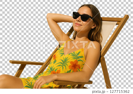 Png woman in floral summer dress lounging on chair with sunglasses isolated on transparent background. concept of relaxation, summer fashion, sunny day leisure. 127715362