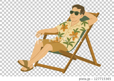 Png illustration of relaxed man lounging in deck chair wearing tropical shirt and sunglasses isolated on transparent background. concept of summer vacation, leisure, beach relaxation. 127715365