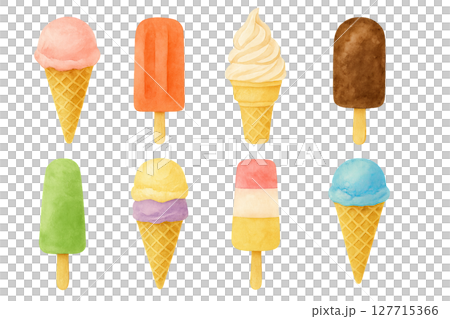 Png set of watercolor ice creams and popsicles in various flavors isolated on transparent background. concept of frozen desserts, sweet treats, summer refreshments, ice cream illustration. 127715366