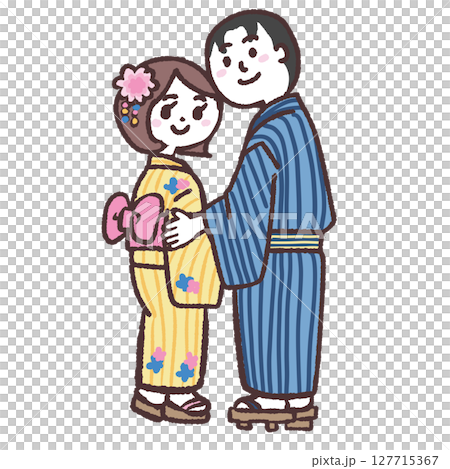 Illustration of a couple in yukata looking back Illustration of a couple in yukata looking back 127715367