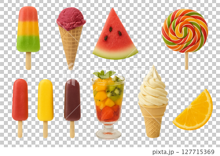 Png set of colorful ice creams, fruit popsicles, and sweet treats isolated on transparent background. concept of summer desserts, refreshing snacks, delicious treats. clip art for design 127715369