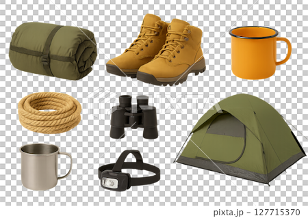 Png set of camping gear with tent, boots, mugs, rope, binoculars, and headlamp isolated on transparent background. concept of outdoor adventure, hiking essentials, nature exploration. Png set of camping gear with tent, boots, mugs, rope, binoculars, and headlamp isolated on transparent background. concept of outdoor adventure, hiking essentials, nature exploration. 127715370