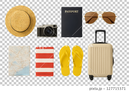 Png set of summer travel essentials including hat, camera, sunglasses, passport, map, flip-flops, towel, and suitcase isolated on transparent background. concept of vacation essentials, travel gear 127715371