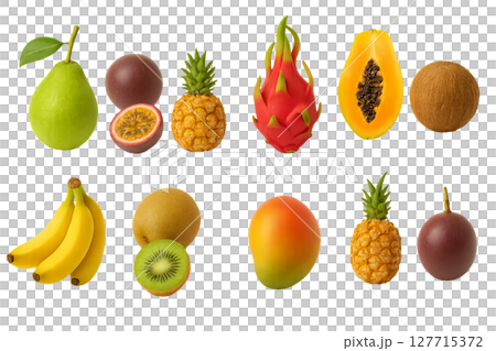 Png set of colorful tropical fruits including pear, passion fruit, pineapple, dragon fruit, papaya, coconut, banana, kiwi, mango isolated on transparent background. exotic fruits, healthy food. 127715372