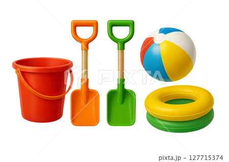 Png set of colorful beach toys with bucket, shovels, ball, and rings isolated on transparent background. concept of summer fun, sand play, seaside activities, children's beach equipment. Png set of colorful beach toys with bucket, shovels, ball, and rings isolated on transparent background. concept of summer fun, sand play, seaside activities, children's beach equipment. 127715374