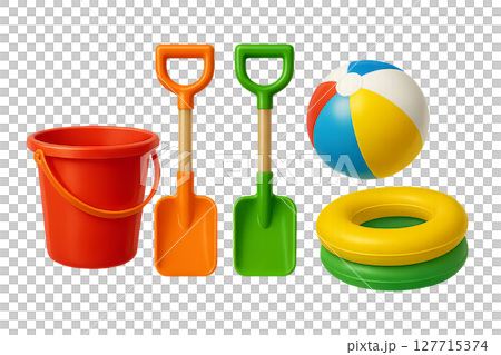 Png set of colorful beach toys with bucket, shovels, ball, and rings isolated on transparent background. concept of summer fun, sand play, seaside activities, children's beach equipment. Png set of colorful beach toys with bucket, shovels, ball, and rings isolated on transparent background. concept of summer fun, sand play, seaside activities, children's beach equipment. 127715374