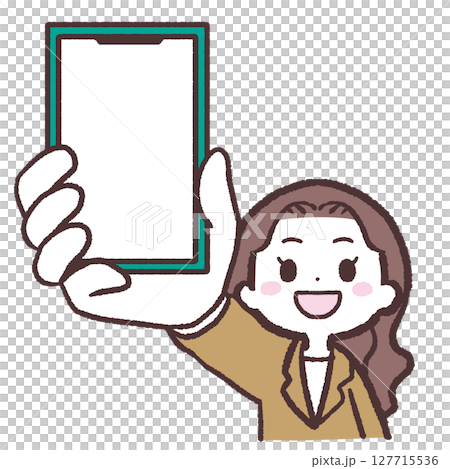 一位燙髮女子展示其智慧型手機的插圖 127715536