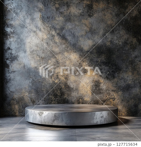 Minimalist Metal Pedestal Against a Grungy Concrete Wall with Light Reflections. Generative AI Minimalist Metal Pedestal Against a Grungy Concrete Wall with Light Reflections. Generative AI 127715634