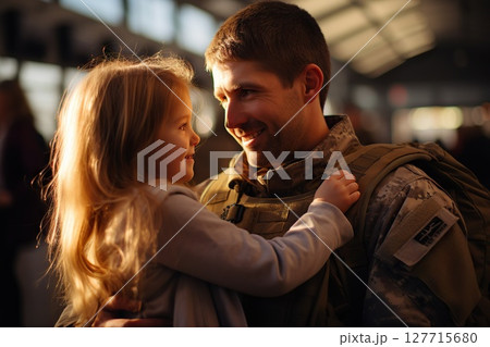 Heartfelt Farewell Soldier Bids Emotional Goodbye to Daughter at the Station, Capturing the Poignant Mobilization Moment in a Patriotic Background. created with Generative AI 127715680