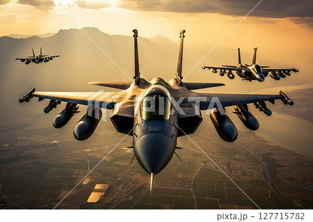 Precision Skies Flight Formation of Fighter Jets in Perfect Alignment, Showcasing Aerial Mastery in a High-Stakes Training Exercise. created with Generative AI Precision Skies Flight Formation of Fighter Jets in Perfect Alignment, Showcasing Aerial Mastery in a High-Stakes Training Exercise. created with Generative AI 127715782