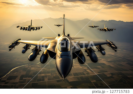 Precision Skies Flight Formation of Fighter Jets in Perfect Alignment, Showcasing Aerial Mastery in a High-Stakes Training Exercise. created with Generative AI Precision Skies Flight Formation of Fighter Jets in Perfect Alignment, Showcasing Aerial Mastery in a High-Stakes Training Exercise. created with Generative AI 127715783