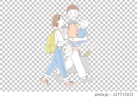 Simple line drawing illustration of a young couple and baby returning from shopping Vector Simple line drawing illustration of a young couple and baby returning from shopping Vector 127715815