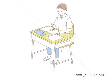 学校の机に向かう男子生徒のシンプルな線画イラスト　ベクター 127715816