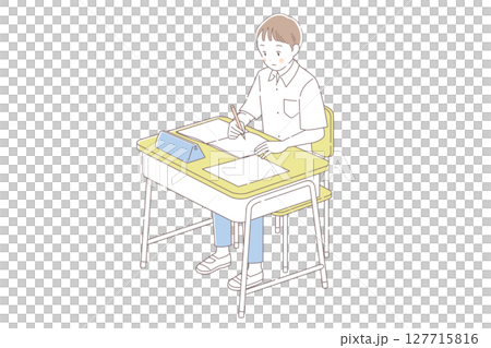 学校の机に向かう男子生徒のシンプルな線画イラスト　ベクター 127715816