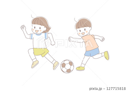 サッカーをする2人の子どものシンプル線画イラスト ベクター サッカーをする2人の子どものシンプル線画イラスト ベクター 127715818