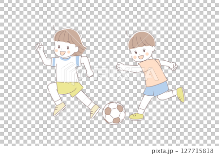 サッカーをする2人の子どものシンプル線画イラスト ベクター サッカーをする2人の子どものシンプル線画イラスト ベクター 127715818