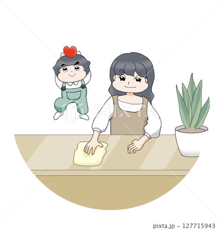 拭き掃除をするお母さんと子供 背景なし 127715943