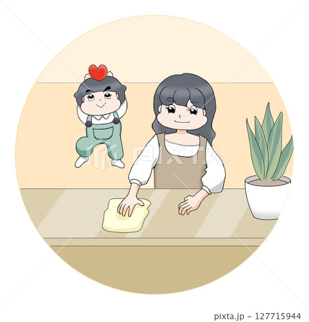 拭き掃除をするお母さんと子供 拭き掃除をするお母さんと子供 127715944