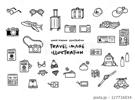 かわいい手描きの旅行イメージイラストセット 127716034